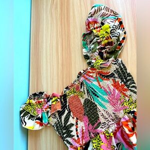 Colorful Floral Print Off-Shoulder Smocked & Ruffled Sleeve Dress